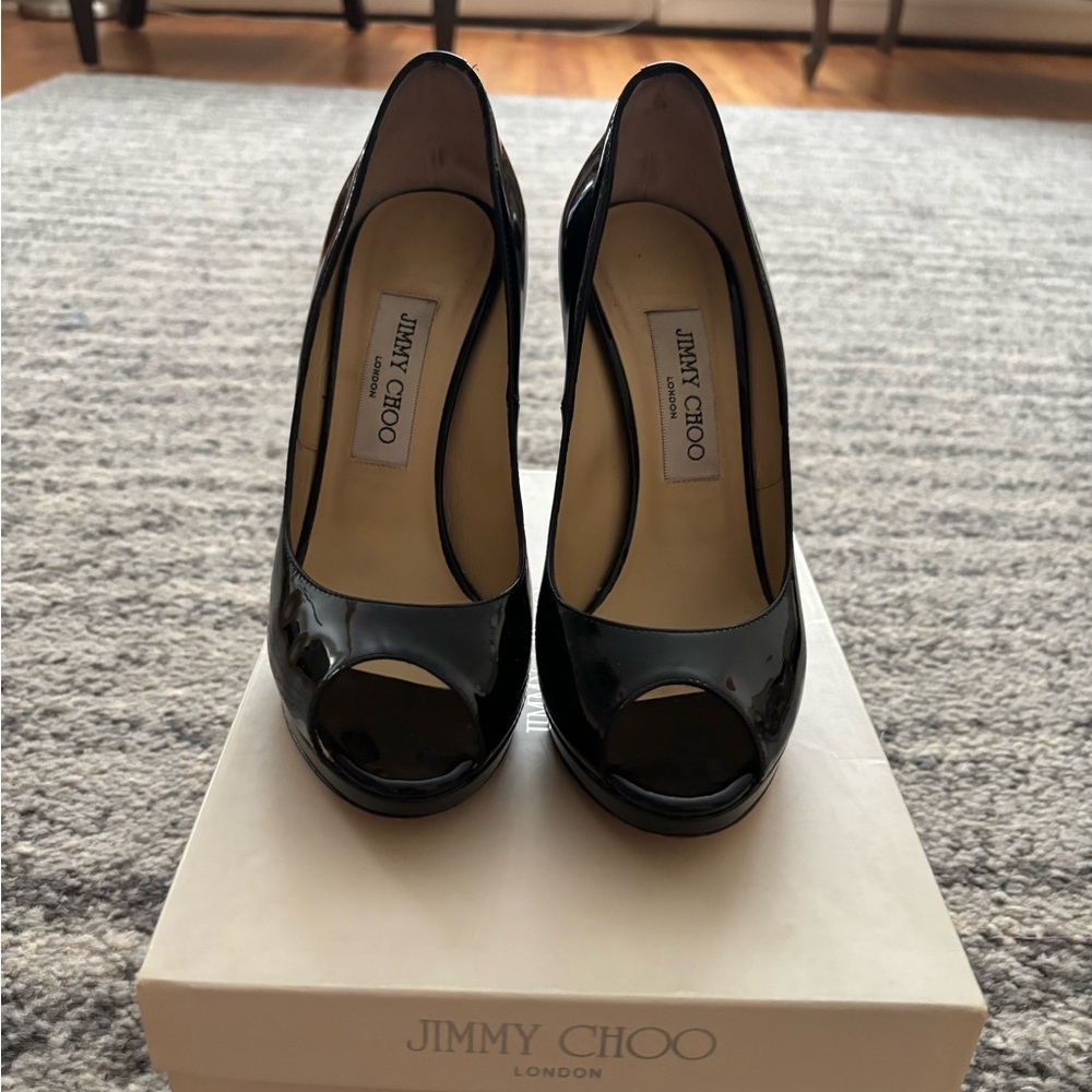 Jimmy Choo Glossy Black Peep Toe Heels
